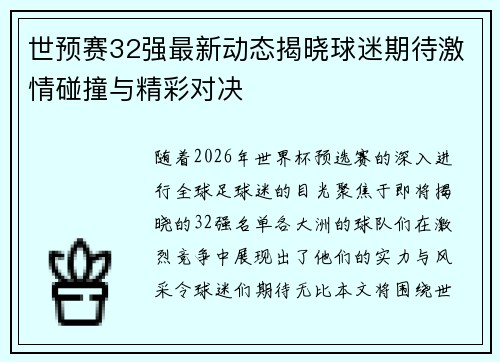 世预赛32强最新动态揭晓球迷期待激情碰撞与精彩对决