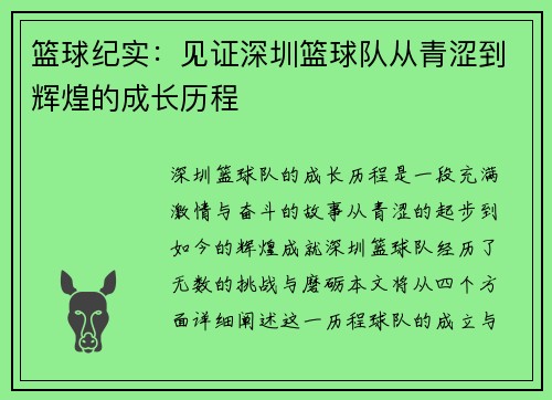 篮球纪实：见证深圳篮球队从青涩到辉煌的成长历程